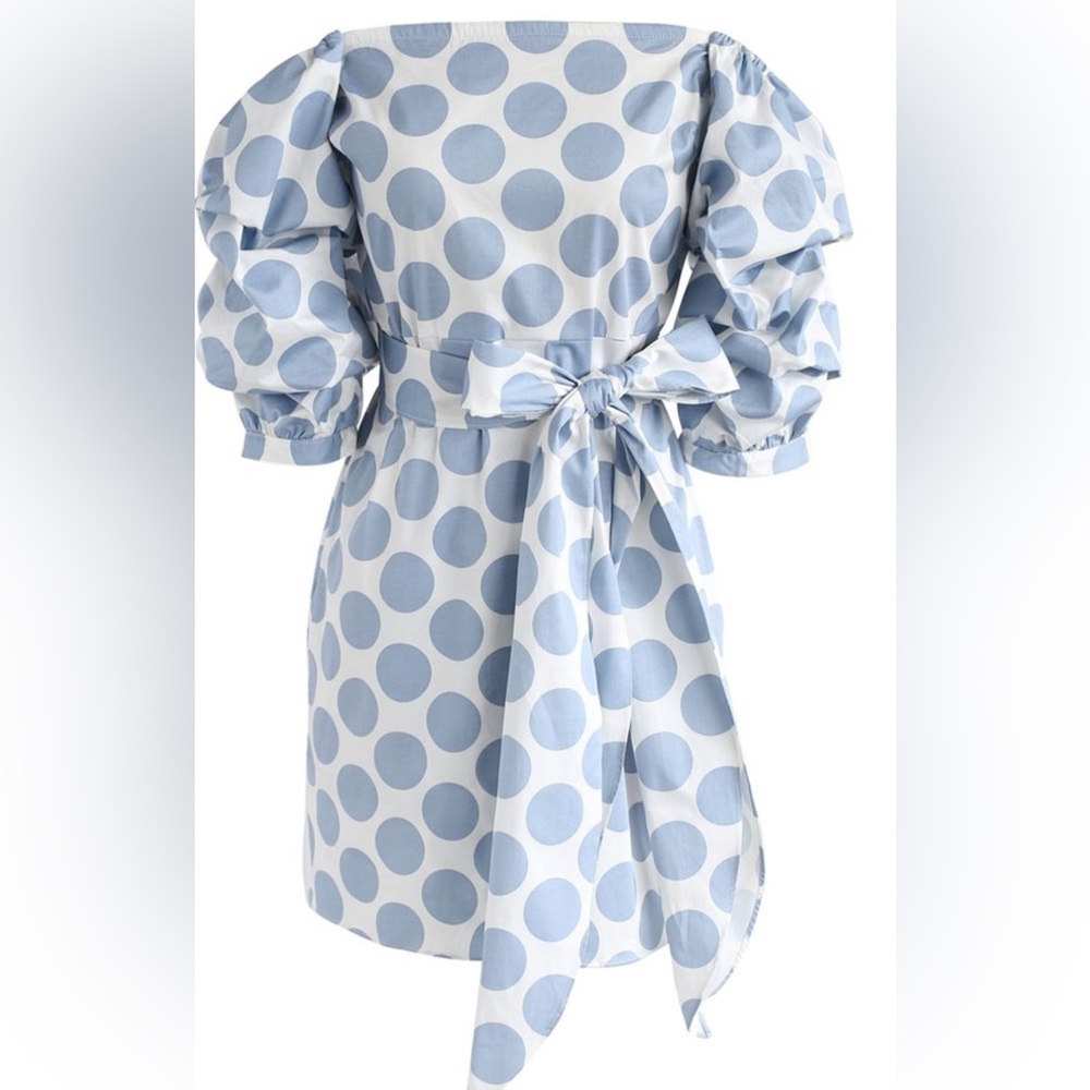 New with Tag Love Storey Blue/White Polka Dot Dress with Statement Sash Bow Sz M